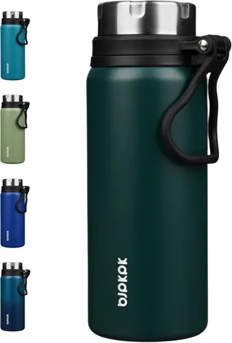 Vista 31 de BJPKPK Botella de agua aislada de 24 onzas con asa, sin BPA, botella térmica de viaje de acero inoxidable reutilizable, botella de agua grande, Negro