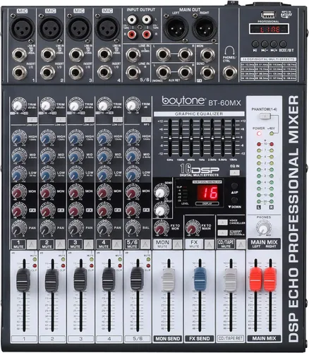 Vista 2 de Boytone BT-60MX, mezclador de audio Bluetooth de 6 canales, controlador de sonido DJ, reproductor de MP3 USB, conector de micrófono XLR, ecualizador