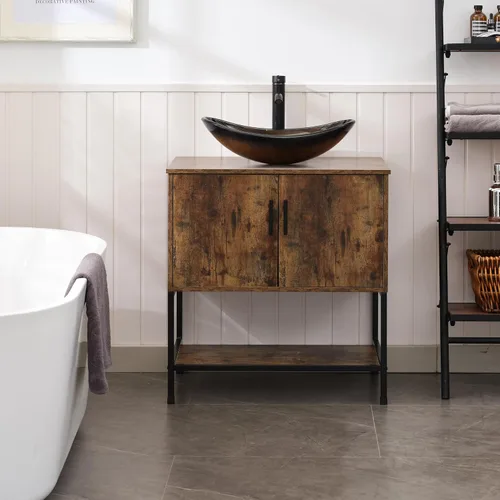 Vista 41 de UEV Juego de tocador de baño antiguo de 24 pulgadas, color marrón oscuro con lavabo, armario de baño de madera de hierro con grifo de temperatura