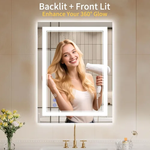 Vista 2 de Espejo de baño LED de 22 x 30 pulgadas con luces, antiniebla, retroiluminado + luz frontal, regulable, espejo de tocador LED para pared, espejo