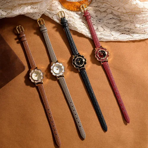 Vista 6 de CARLIEN Reloj de cuarzo dorado creativo con forma de flor para mujer, correa de cuero ligero, elegante, elegante, para mujer