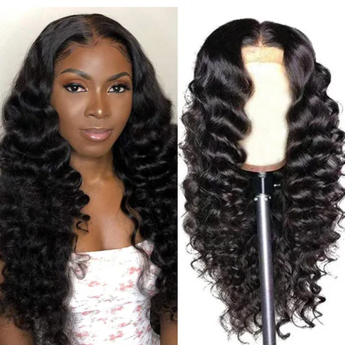 Vista 10 de Pelucas sueltas de cabello humano ondulado profundo con encaje frontal, prearrancado, pelucas de encaje frontal de 13 x 4 para mujeres negras