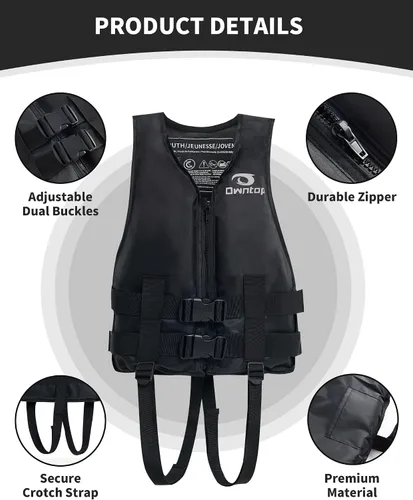 Vista 2 de Owntop Chaquetas de natación para niños y adultos de 50 a 125 libras de hebillas dobles, cremallera y correa de entrepierna, chaleco de esquí ligero