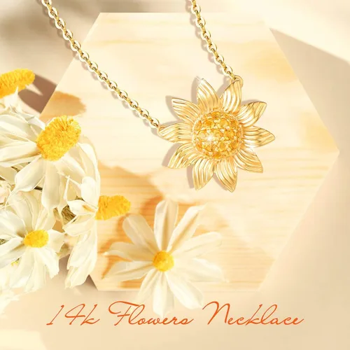 Vista 4 de FANCIME Collar de oro amarillo sólido de 14 quilates con dije de girasol con piedra natal de noviembre auténtico, joyería fina, aniversario, regalos
