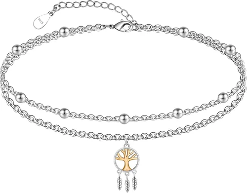 Vista 41 de CHIC & ARTSY Tobilleras delicadas de plata de ley S925 para verano, pulsera de tobillo ajustable multicapa para playa, joyería de pie para mujer