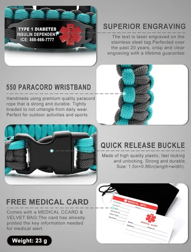 Vista 9 de Pulsera de alerta médica Paracord para hombres y mujeres Pulsera de identificación médica de acero inoxidable con hebillas de liberación lateral