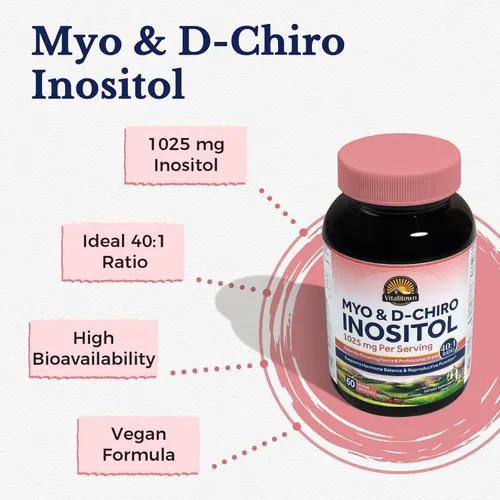 Vista 2 de Vitalitown Suplemento de inositol para mujeres, mio-inositol y D-chiro inositol, proporción ideal 40:1, equilibrio hormonal y apoyo ovárico