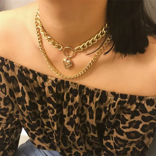Vista 8 de AfazfaChunky - Collar con candado de oro con colgante de medallón de monedas y cadenas en capas de plata