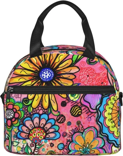 Vista 8 de Bolsa de almuerzo con diseño de flores de arte hippie reutilizable, aislada, lonchera con correa ajustable para el hombro, para oficina, trabajo