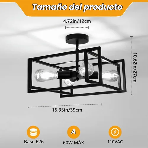 Vista 2 de DELIPOP Lámpara de techo LED de 4 luces industrial, color negro, lámpara de techo semiempotrada, iluminación para comedor, cocina, pasillo, isla