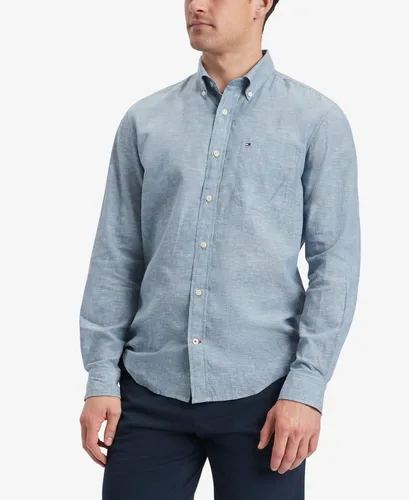 Vista 4 de Tommy Hilfiger Camisa de mezcla de lino de manga larga para hombre, ajuste regular