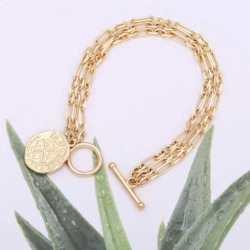 Vista 6 de PEARLADA 18k Gold Chain Layerd Bracelet Coin Charm Toggle Bracelet Trendy Cubic Zirconia Jewelry