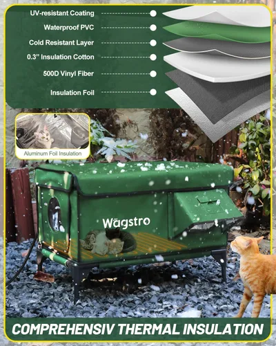 Vista 4 de Casa calefaccionada para gatos de exterior, casa calefaccionada aislada resistente a la intemperie para gatos de exterior con aleros impermeables