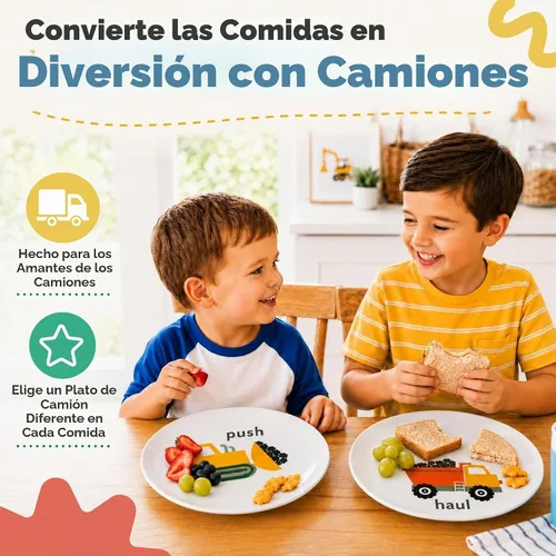 Vista 5 de Tiny Expressions - Placas de construcción para niños pequeños - Juego de 4 platos de melamina para niños - Excavadora, mezcladora de cemento