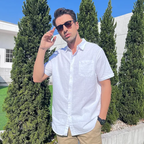 Vista 3 de Camisas casuales de verano de lino con botones para hombre manga corta camisetas de playa de algodón con bolsillo