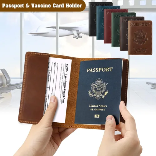 Vista 3 de Jack&Chris Funda de cuero para pasaporte, funda de viaje para hombres y mujeres, Marrón1, Casual