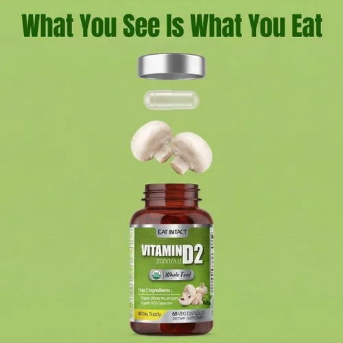 Vista 2 de USDA Organic Vegan Whole Food Vitamina D (D2), 2000 UI (50 mcg), apoyo óseo e inmunológico, hongos enteros expuestos a los rayos UV, 2 ingredientes