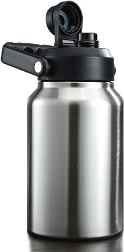 Vista 11 de Botella de agua aislada al vacío de boca ancha de 64 onzas, 128 onzas, con asa, cubo de hielo de acero inoxidable, taza de viaje, gran cantimplora