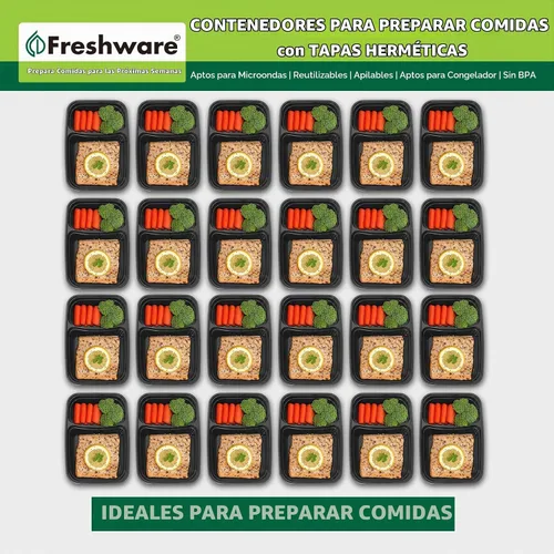 Vista 3 de Freshware Contenedores de preparación de comidas [paquete de 50] 2 compartimentos con tapas, contenedores de almacenamiento de alimentos, caja