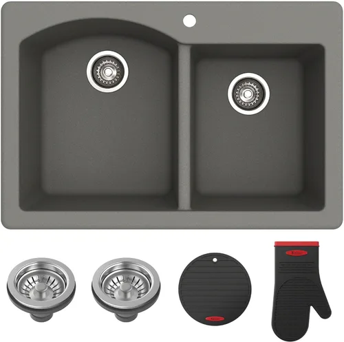 Vista 23 de Kraus Forteza - Fregadero de cocina de doble seno 50/50 de granito de instalación empotrada/sobre encimera, 33 pulgadas, color negro (KGD-52BLACK)