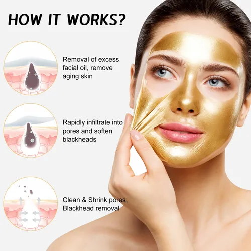 Vista 4 de Rednow Máscara de lámina dorada, antiarrugas, 98.4 % de oro, máscara facial dorada antienvejecimiento para hidratar, elimina puntos negros, reduce