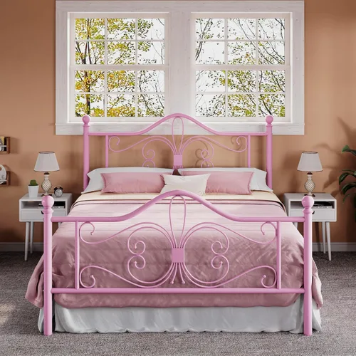 Vista 10 de Allewie Marco de cama de tamaño individual para niños, marco de cama de metal con cabecero y piecero de diseño de patrón de mariposa, no necesita