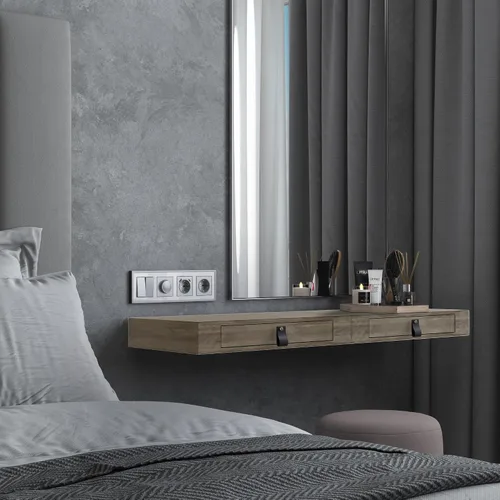 Vista 6 de Juego de 2 estantes flotantes con cajón, mesita de noche para dormitorio, baño o cocina, estante de pared de 16 pies con almacenamiento, color gris