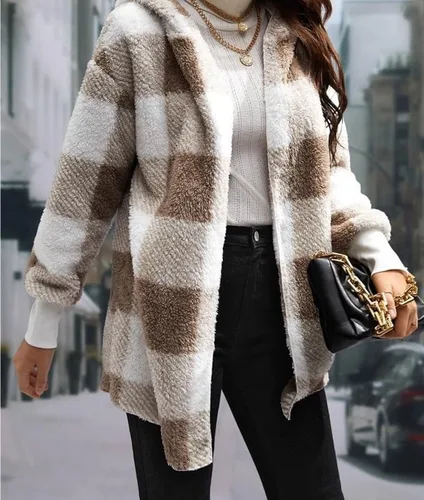 Vista 5 de ONDIAN Chaqueta de manga larga con botones para mujer, a cuadros, peluda, para otoño, invierno, abrigos, abrigos, abrigos, abrigos, abrigos