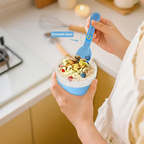 Vista 4 de Paquete de 4 tazas de yogur para parfait con tapas reutilizables, recipientes de plástico de 20 onzas para avena para llevar con compartimento