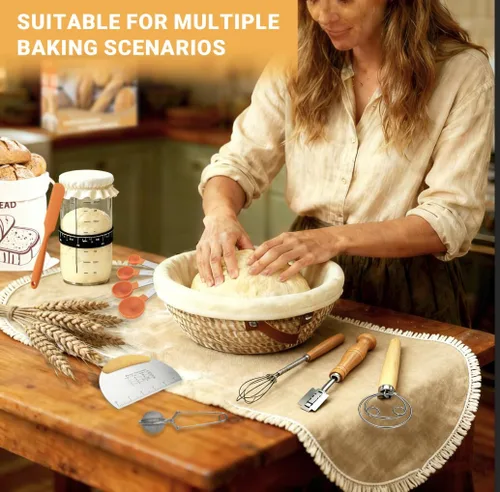 Vista 2 de Suministros para hornear pan de masa madre, kit de inicio de masa madre, 2 cestas de prueba de banneton de cuerda de algodón, kit de herramientas