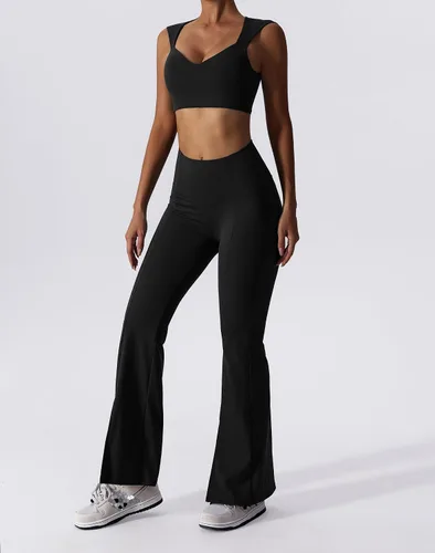 Vista 4 de ABOCIW Conjuntos de entrenamiento para mujer, 2 piezas, leggings acampanados de cintura alta, dobladillo con abertura, cuello en V, brasier