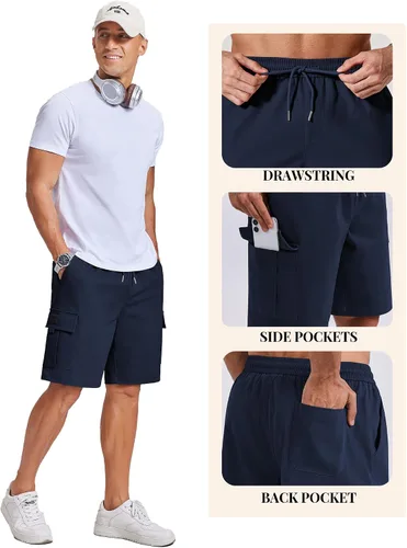 Vista 4 de COOFANDY Pantalones cortos cargo de sarga de algodón para hombre, con cordón elástico, cintura elástica, casual, con 5 bolsillos