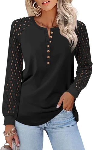 Vista 18 de Minetom Camisetas de manga larga con encaje para mujer, blusas casuales