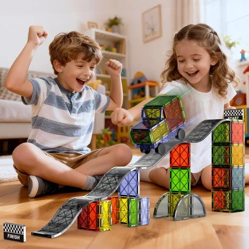 Vista 6 de Magnetic Downhill Racer Track: 40pc Blocks Set w Car, STEM Toy 3-8