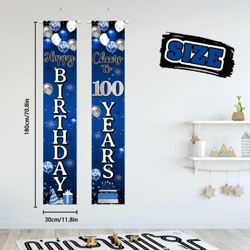 Vista 2 de Decoración de feliz cumpleaños número 100, globo azul y plateado para colgar en la puerta, cartel colgante para puerta – Suministros para fiesta