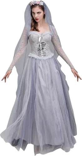 Vista 4 de Disfraz de cosplay de Halloween para mujer diseño de calavera gasa de malla vampiro fantasma vestidos de novia y disfraz de belleza encantador velo
