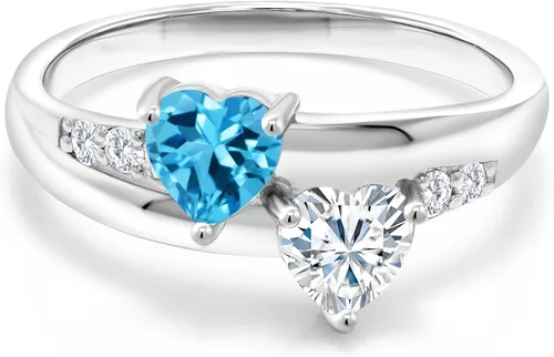 Vista 2 de Anillo solitario de plata de ley 925 con forma de corazón, topacio azul suizo y piedra gema, moissanita creada por King (1.05 quilates), Metal Gema
