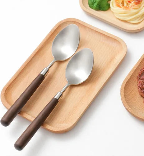 Vista 6 de Ouliget Cuchara de mango de madera retro, cucharadas de servir de acero inoxidable, cuchara de madera, cubiertos plateados con mango marrón, 4