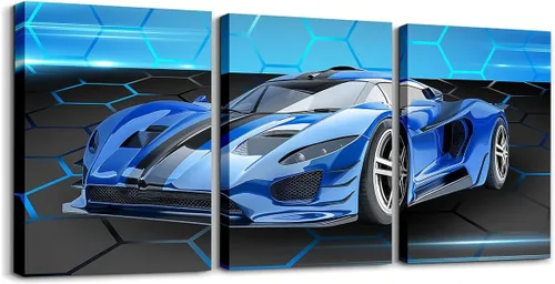 Vista 47 de Feelyou Cuadro azul de carreras para pared, 12 x 16 pulgadas, 3 piezas de autos deportivos de velocidad, lienzo para decoración de pared, diseño