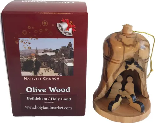 Vista 4 de Holy Land Market Adornos de Navidad de madera de olivo – Campanas colgantes hechas a mano para árbol, adornos de madera de la Tierra Santa