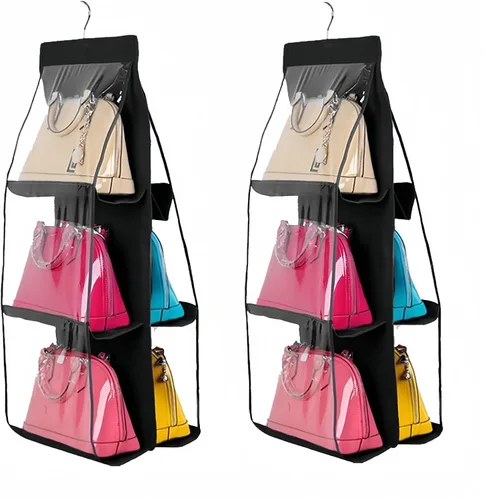 Vista 17 de HAN SHENG Organizador colgante de 6 bolsillos transparente para bolsos y monederos - Estante colgante para ahorrar espacio para clóset, armario