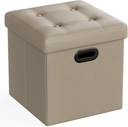 Vista 10 de Otomana plegable por Songmics, cubo de almacenamiento de 15 pulgadas con agujero y asa, piel sintética, Madera, Negro