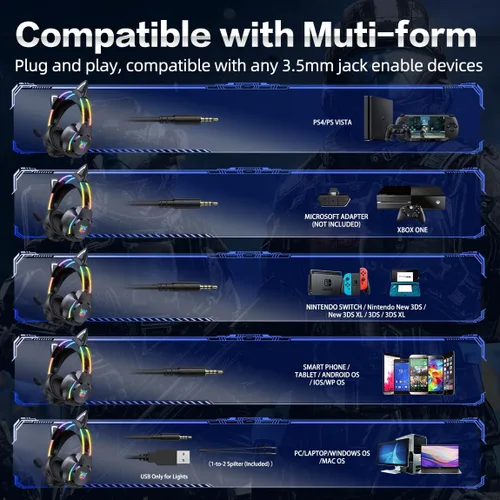 Vista 7 de Auriculares para juegos con micrófono, auriculares con orejas de gato para PC, portátil, PS4, PS5, Xbox, interruptor, iluminación RGB arcoíris