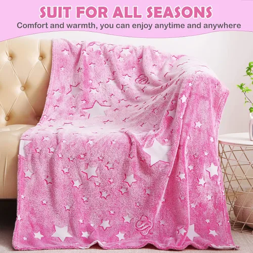 Vista 3 de Manta que brilla en la oscuridad para niñas, cumpleaños, color púrpura y rosa, luna y estrella, manta suave para niños, niñas pequeñas