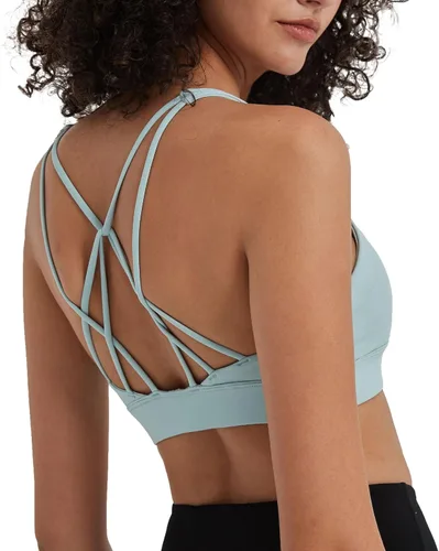 Vista 4 de Brasier deportivo para mujer, sexy, espalda cruzada, bajo impacto, acolchado, con tirantes delgados, brasier de yoga con copas extraíbles