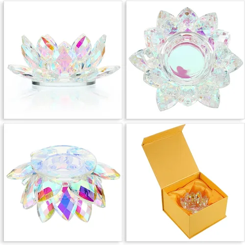 Vista 4 de OwnMy Portavelas de Luz de Té con Flor de Loto de Cristal, Portavelas Votivo de Pétalos de Loto, Lámpara de Velas, Soporte de Velas de Té de Flor