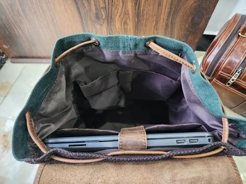 Vista 6 de Mochila de cuero con aspecto vintage de lona y cuero, mochila casual casual para la escuela y la universidad, mochila de viaje para hombres
