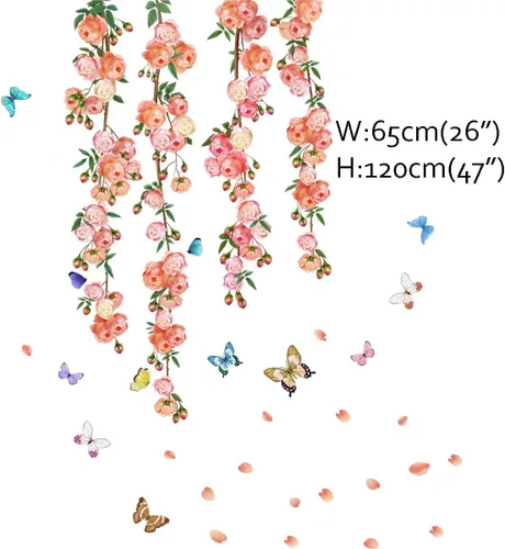 Vista 4 de Runtoo Calcomanías artísticas de pared de rosas de vid de flores, calcomanías de pared florales de peonía para sala de estar, dormitorio de niñas