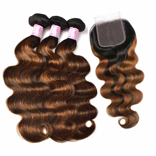 Vista 6 de Beauty Forever #FB30 - 3 paquetes de cabello humano brasileño ondulado con cierre de encaje de 4 x 4, balayage, rubio degradado, extensiones