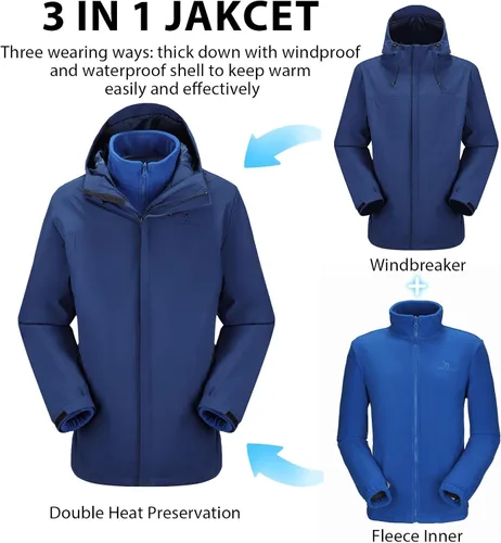 Vista 6 de CAMEL CROWN - Chaqueta de esquí para hombre 3 en 1, chaqueta de invierno impermeable para nieve, cortavientos, con capucha y forro polar cálido Azul